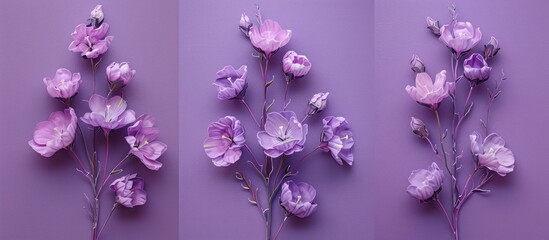 A trio of detailed paintings showcasing vibrant purple flowers against a matching purple wall.