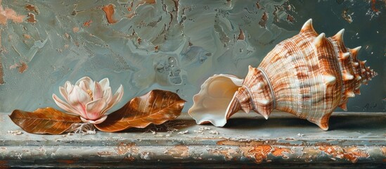 A painting featuring three seashells - a conch shell, seaweed, and a mussel - arranged on a ledge.