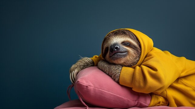 The sloth sleeps in yellow pajamas on pink a pillow. Navy blue background. Copy space. Minimalistic composition. Concept. 