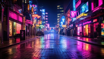 A city street is brightly lit up with neon lights, creating a colorful and lively atmosphere. The lights illuminate the surrounding buildings and create a vibrant.