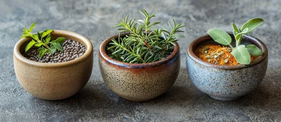 Three ceramic pots filled with plants sit neatly arranged on a table. - Powered by Adobe