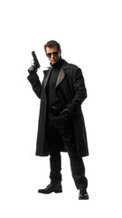 Obraz premium Tough mafioso gangster holding a gun in one hand and with his other hand in his pocket. Wearing sunglasses. Black leather coat. Full view. Font view. Isolated transparent PNG background. 