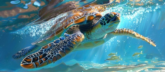 A painting depicting a juvenile green sea turtle gracefully swimming in the ocean.