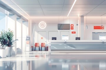 Minimalist Hospital Reception with Digital Screens and Sleek Design