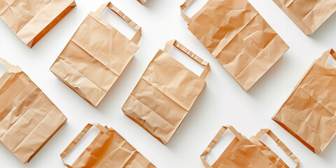 Directly above view brown paper bags on white background.