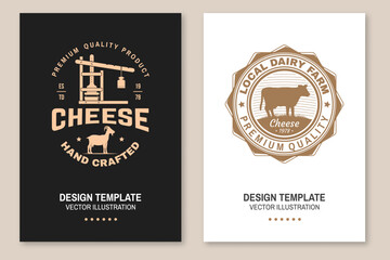 Cheese family farm poster design. Template for logo, branding design with block cheese, goat on the grass, cow, fork, knife, cheese press. Vector illustration. Handcrafted product cheese