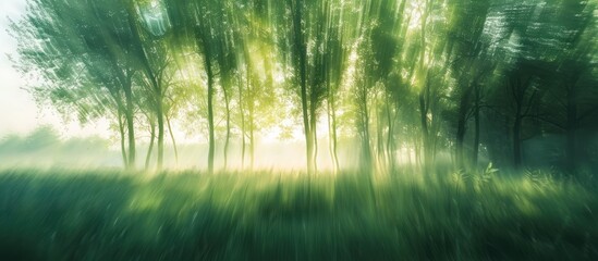 A blurred view of green trees in a dense forest, creating a sense of motion and depth.