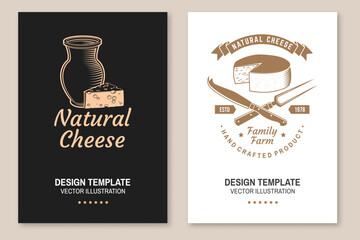 Cheese family farm poster design. Template for logo, branding design with block cheese, jug of milk, fork, knife for cheese. Vector illustration. Hand crafted product cheese