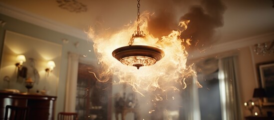 A chandelier hangs from the ceiling engulfed in flames and smoke, with the fire alarm triggered in the background. The destructive fire creates a dangerous and urgent situation. - obrazy, fototapety, plakaty