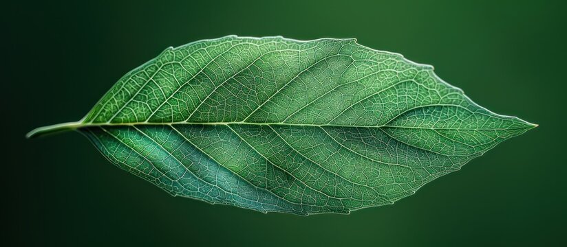 Detailed view of a single green leaf set against a vibrant green background.