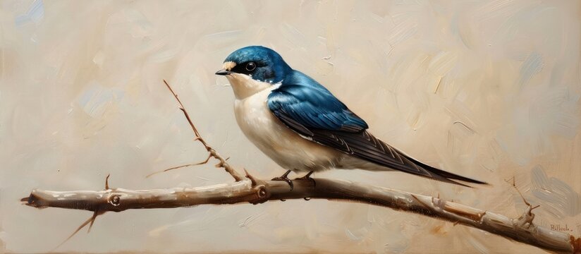 Realistic painting of a tree swallow perched on a branch with blue and white feathers.