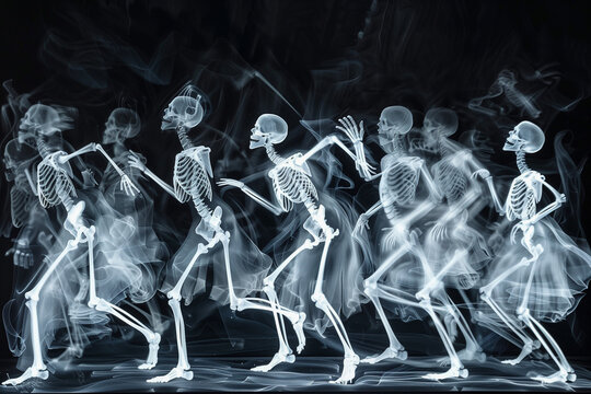 X-ray style image of dancing people. Skeletons and ghosts dancing at a party.