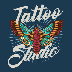 Vector Illustration of Butterfly and TATTOO STUDIO text with Vintage Hand Drawing Style Available for Logo Badge