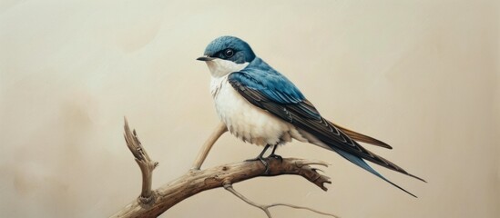 A tree swallow, with vibrant blue and white plumage, perched gracefully on a tree branch in a realistic painting.