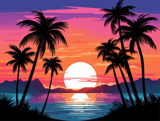 very simple isolated styled vector illustration of beach at evening