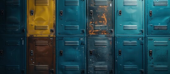 Close-up view of a row of metal lockers with different colored doors lined up in an organized manner.