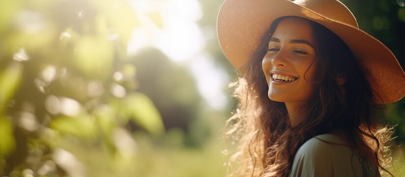 A young woman wearing a hat is smiling for the camera in a sunny outdoor setting. Her expression is cheerful and relaxed as she poses for the photograph.