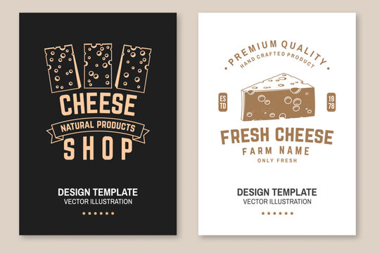 Cheese family farm poster design. Template for logo, branding design with block cheese, fork, knife for cheese. Vector illustration. Hand crafted product cheese