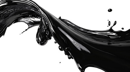 Black glossy liquid paint moving in a twisted curve shape on an isolated background