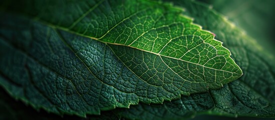 Detailed close up of a vibrant green leaf showing its intricate veining and rich color.