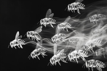 X-ray effect of flying bees on black background, White bees in motion on black backdrop. 