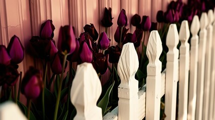 Deep purple tulips against a pink background and white fence, casting shadows.