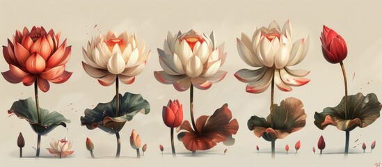 A variety of flowers in different stages of growth arranged on a white surface. - obrazy, fototapety, plakaty