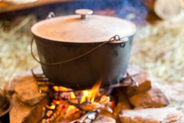 cooking in a cauldron on fire