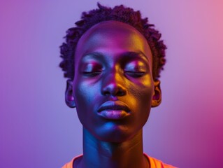 A man with a shaved head and a purple background. He is looking at the camera with a calm expression