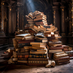 A stack of old books in a dusty library.