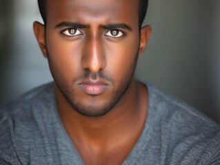 Fototapeta premium A man with a beard and a grey shirt is looking at the camera. The image has a serious and focused mood