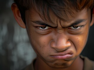 A boy with a frowning face and a scowl on his face. He looks angry and upset