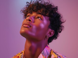 A man with curly hair is wearing a colorful shirt and standing in front of a purple background. The image has a vibrant and energetic feel to it, with the man's pose