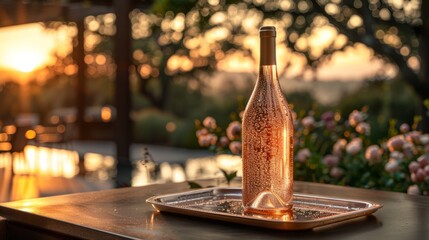 Glass bottle of wine on wooden tray in natural landscape - obrazy, fototapety, plakaty