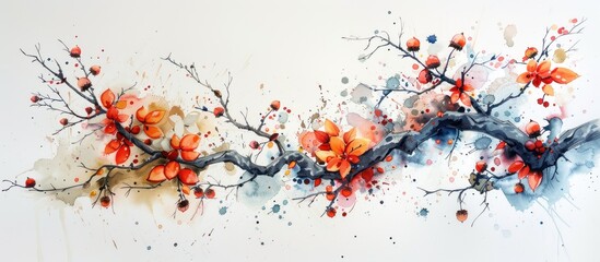 Watercolor painting of a branch with vibrant orange flowers blooming on it.