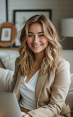A woman is sitting on a couch with a laptop in front of her. She is wearing a tan jacket and a white shirt