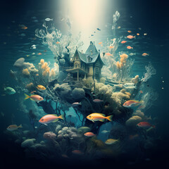 A surreal underwater world with floating fish. - obrazy, fototapety, plakaty