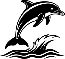 illustration of dolphin in see with sun black silhouette vector on a Transparent Background for T-shirt and logo