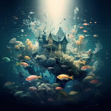 A surreal underwater world with floating fish.