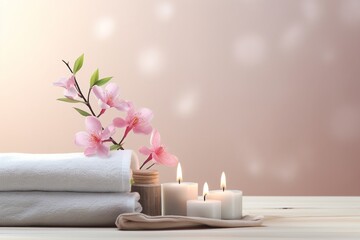 Obraz na płótnie Canvas Background with pink flowers, candles, white towels, spa salon scene with copy space