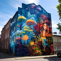 A vibrant street art mural on a city wall.
