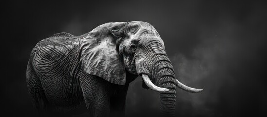 A powerful elephant is captured in striking black and white, showcasing its impressive size and distinctive features.