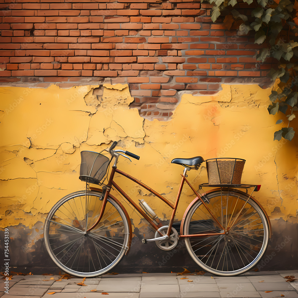 Wall mural A vintage bicycle leaning against a brick wall.