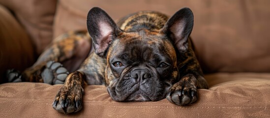 Obraz premium A brown and black brindle French Bulldog is relaxing on top of a couch in a cozy indoor setting.
