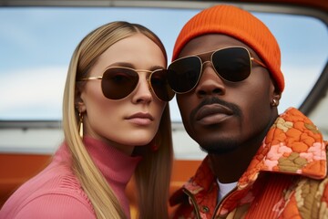 Stylish couple posing in sunglasses against an urban backdrop