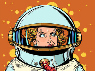 A woman in an astronaut costume is unhappy with her situation. Space research and experiments of the future. Galactic promotions for beauty salons.