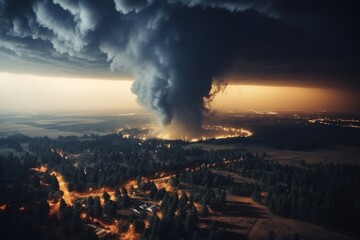 Realistic image of massive tornado against dark sky with swirling sunlight rays for dramatic effect