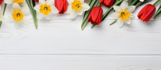 A vibrant bouquet of red tulips, white daffodils, and yellow flowers arranged on a white wooden background. Perfect for Easter, Valentines Day, Womens Day, and Mothers Day greeting cards, with ample - Powered by Adobe