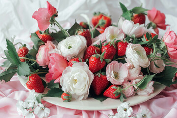 Pink and white floral arrangement with strawberries. Generative AI