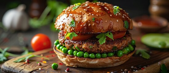A freshly made vegan burger topped with peas and tomatoes sits on a wooden cutting board.